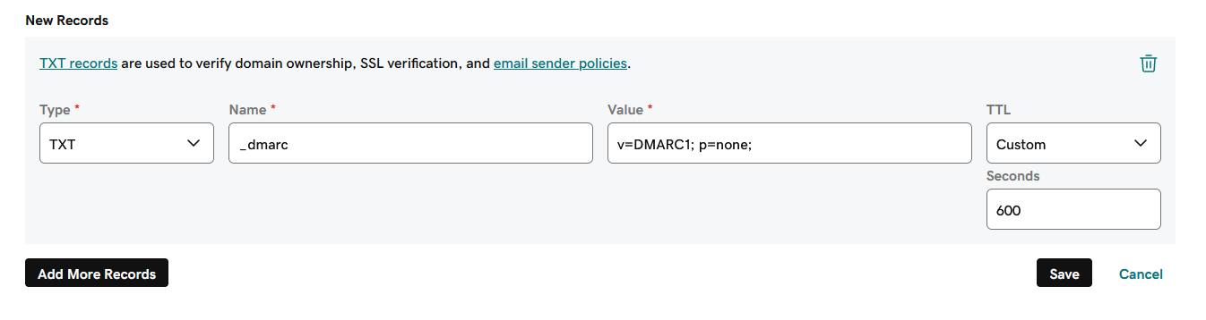 Example of a TXT record for adding a DMARC policy on a domain