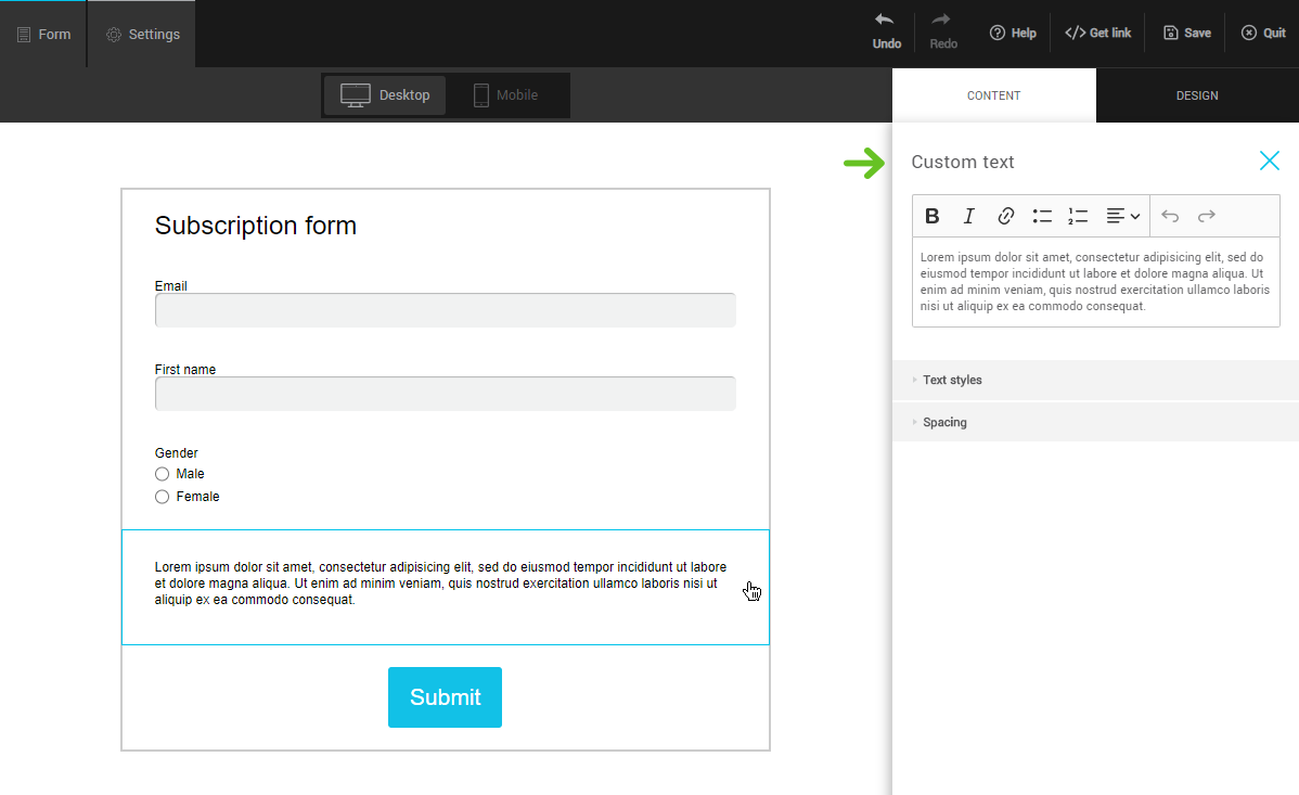 Add and edit a form's content | Add a custom title or text - Cyberimpact