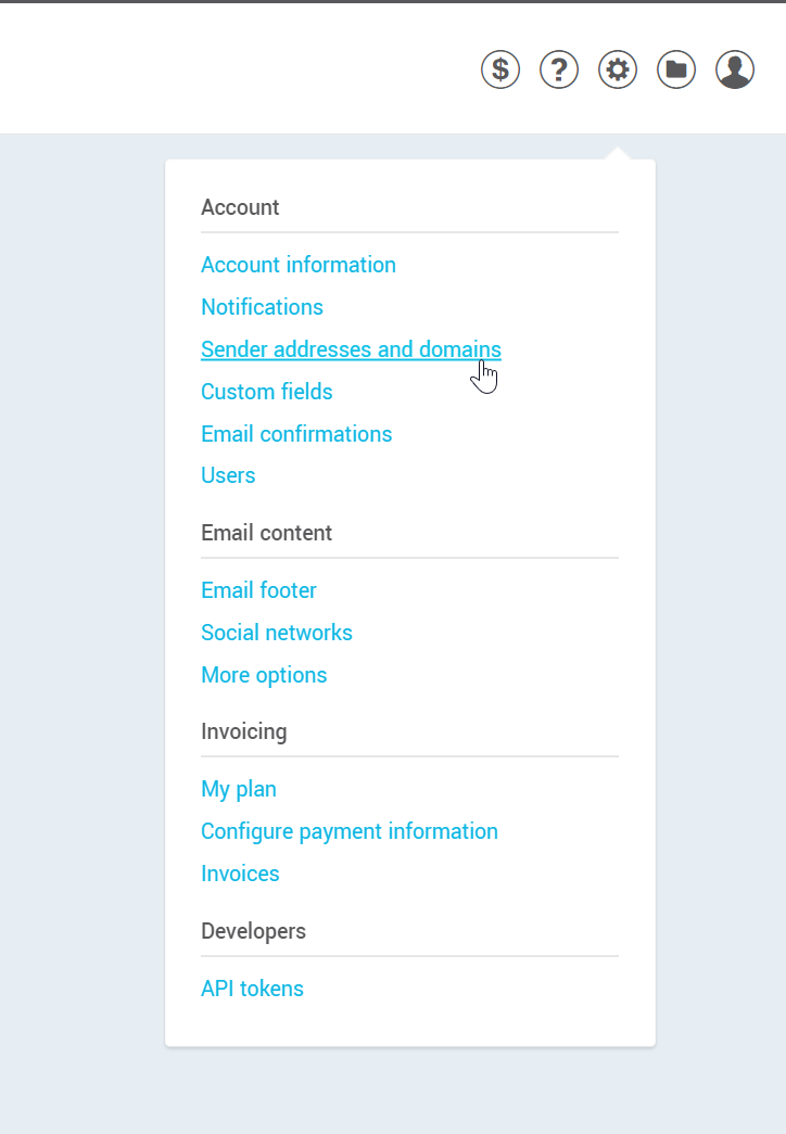 Sender addresses and domains menu